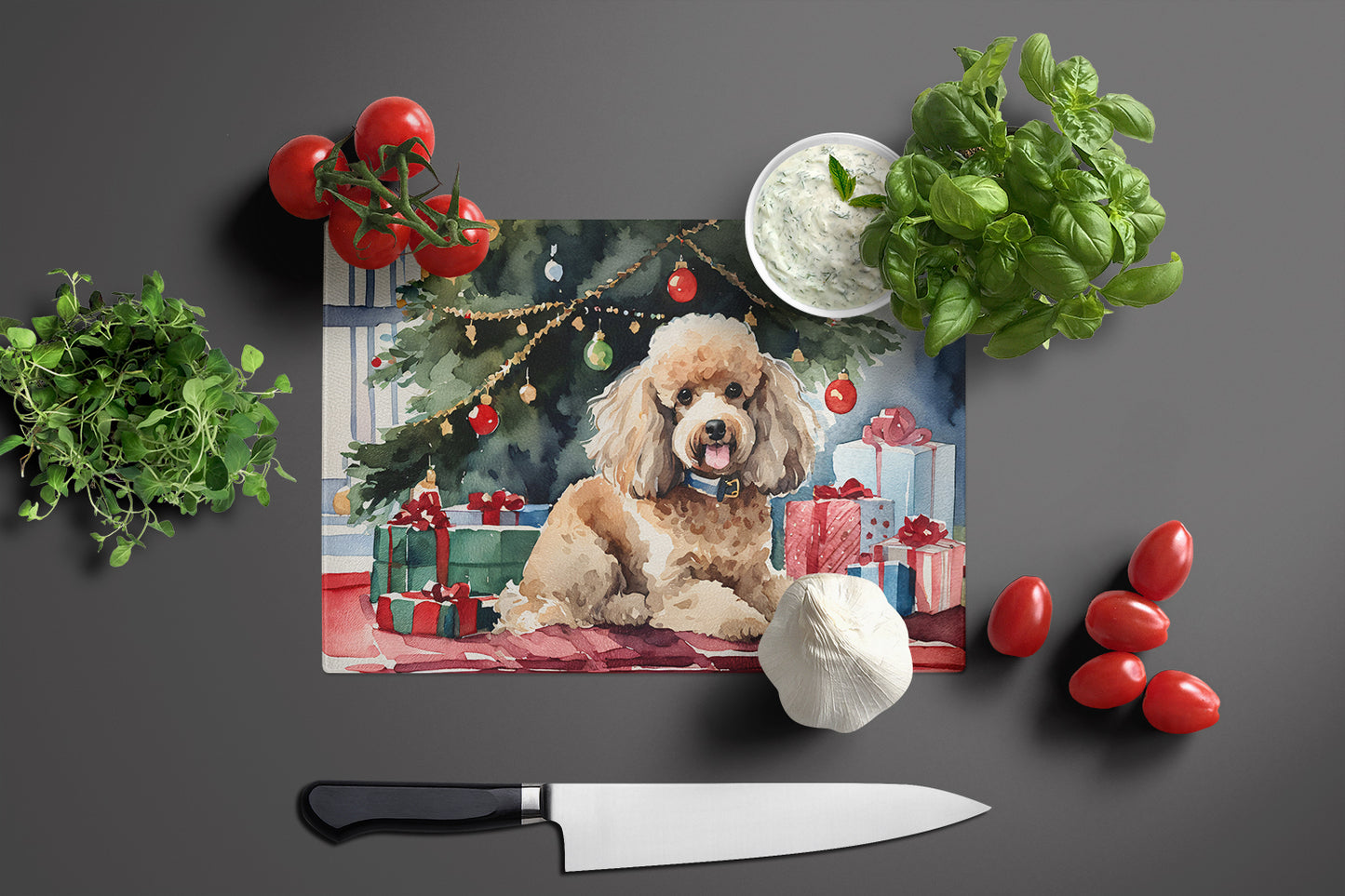 Poodle Cozy Christmas Glass Cutting Board