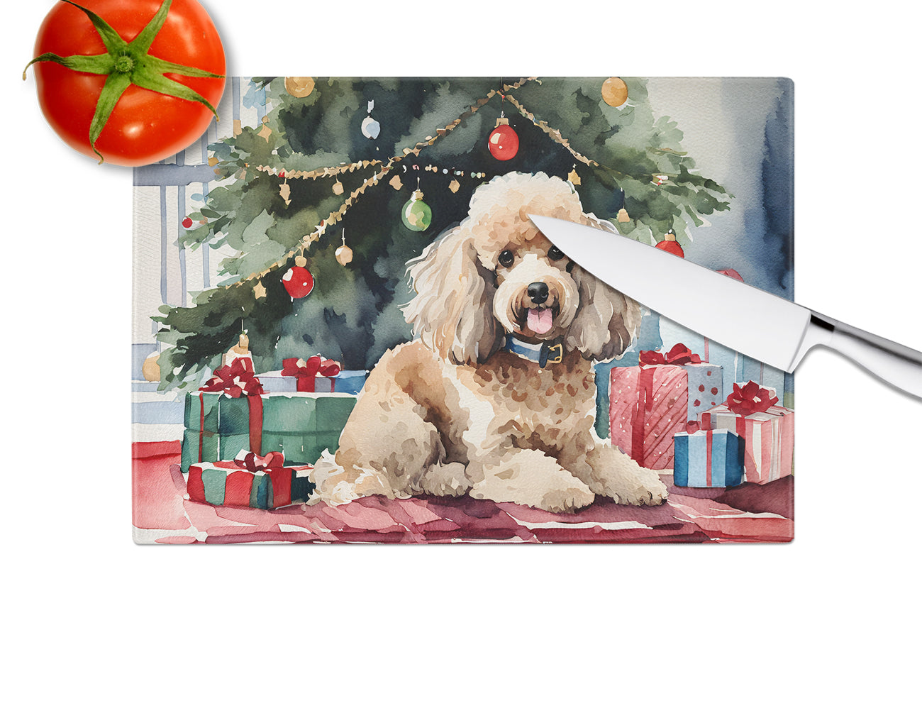 Poodle Cozy Christmas Glass Cutting Board