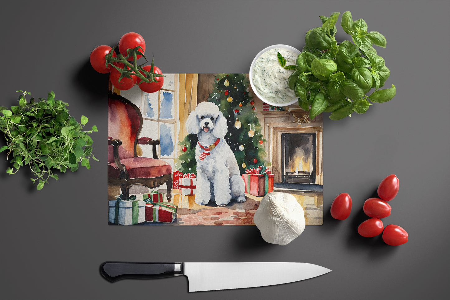 Poodle Cozy Christmas Glass Cutting Board