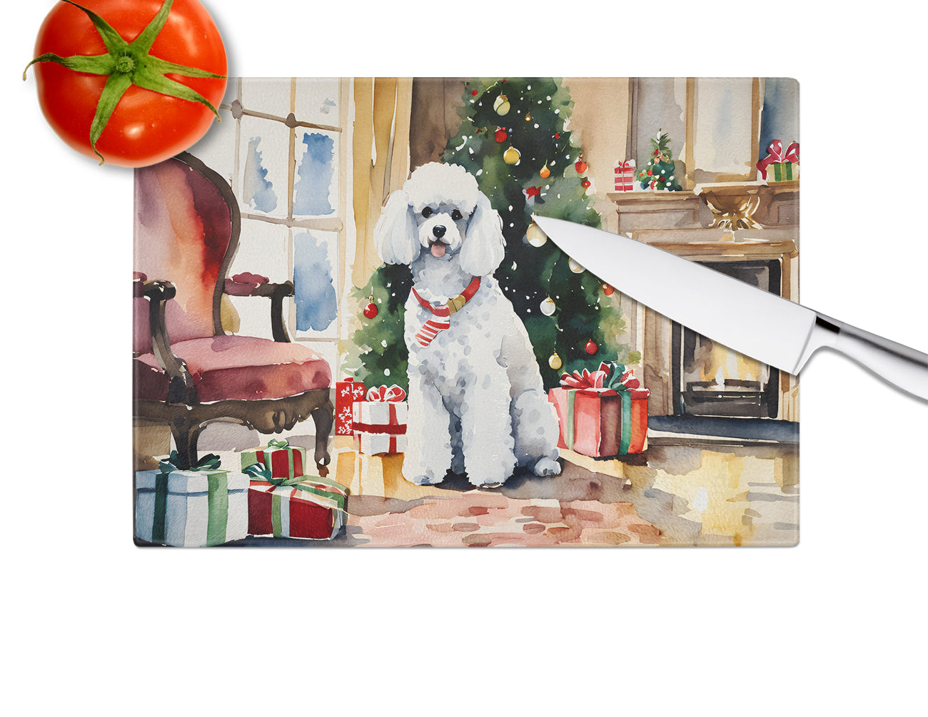 Poodle Cozy Christmas Glass Cutting Board