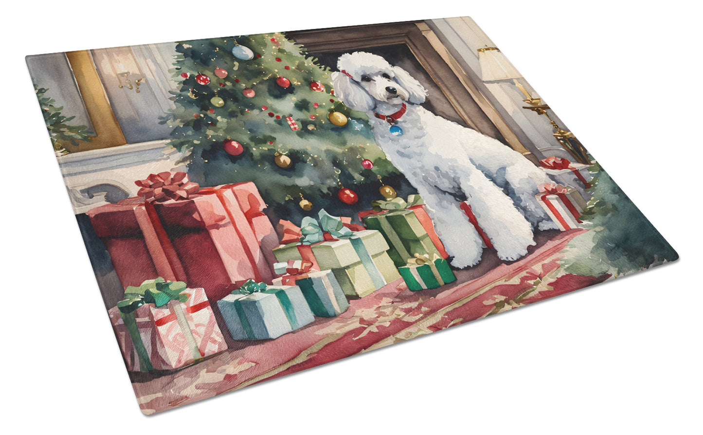 Buy this Poodle Cozy Christmas Glass Cutting Board