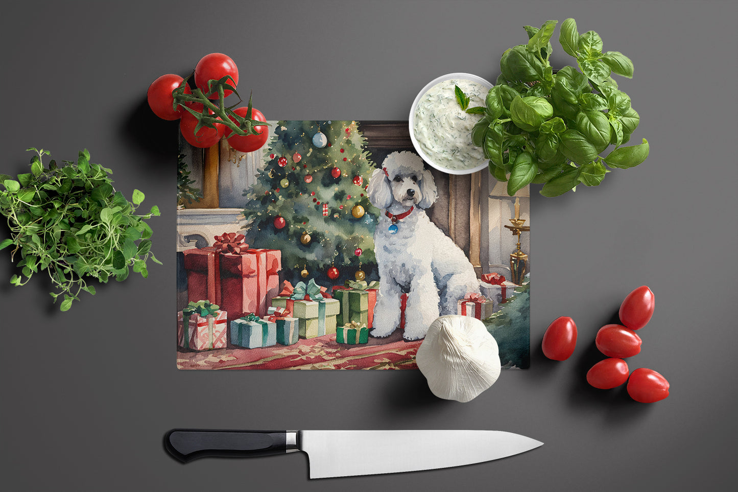 Poodle Cozy Christmas Glass Cutting Board