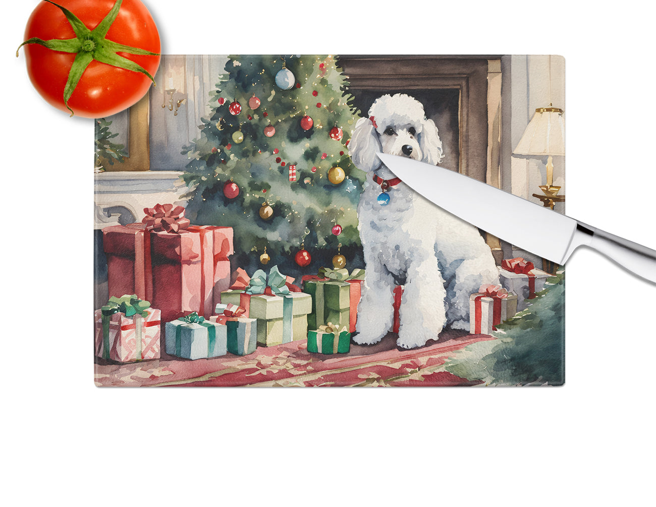 Poodle Cozy Christmas Glass Cutting Board