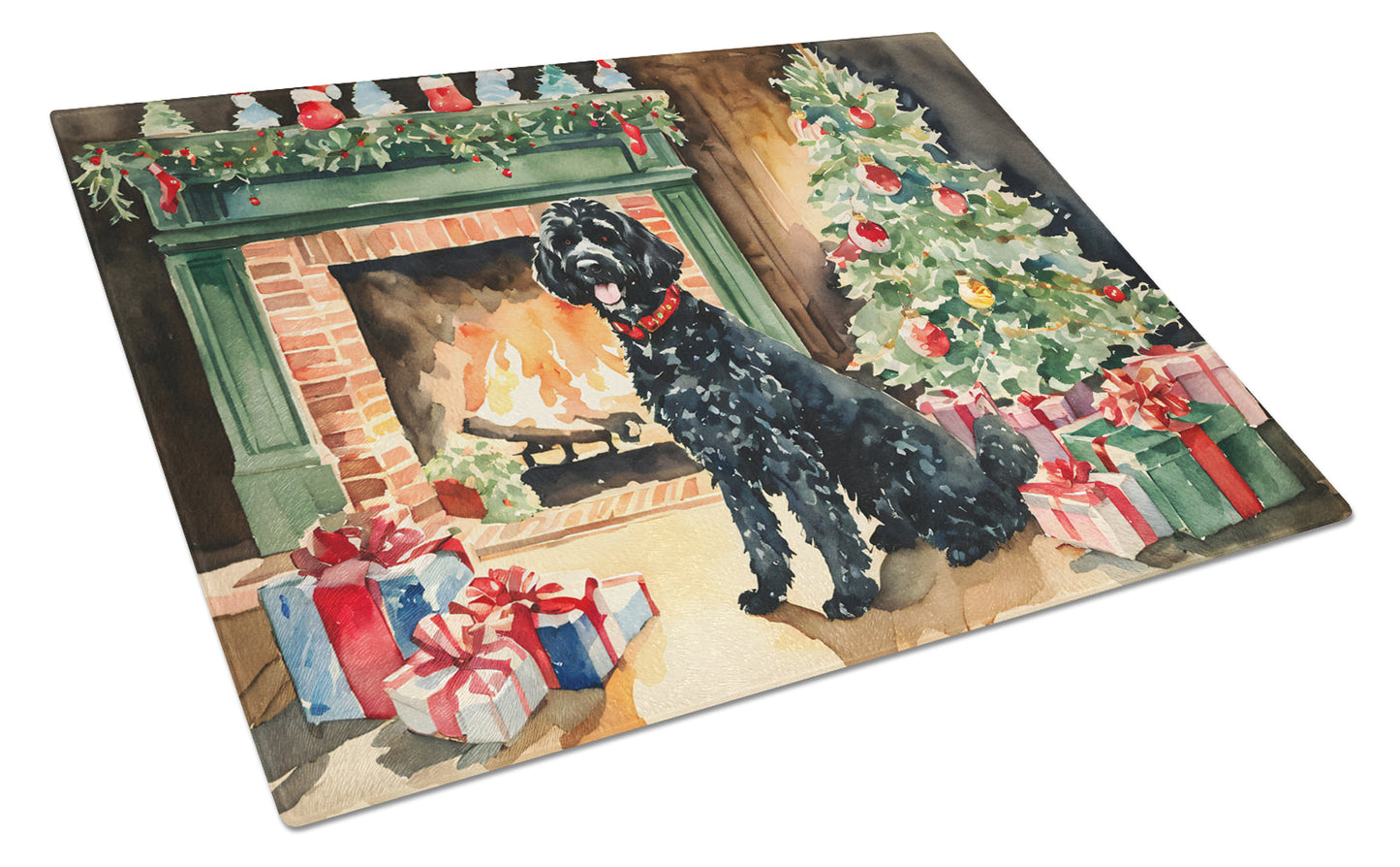 Buy this Portuguese Water Dog Cozy Christmas Glass Cutting Board