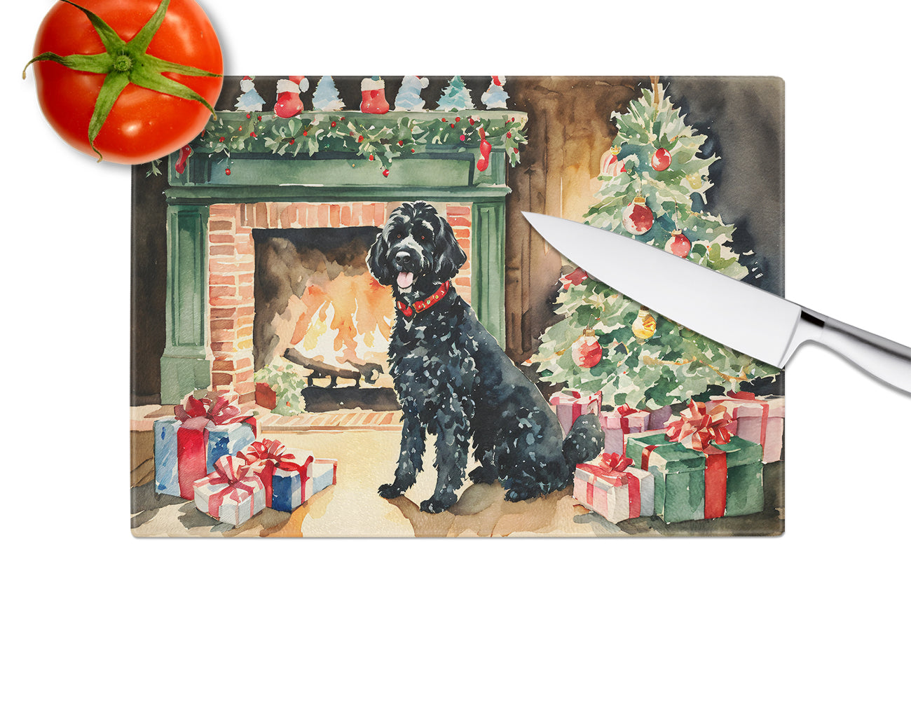 Portuguese Water Dog Cozy Christmas Glass Cutting Board