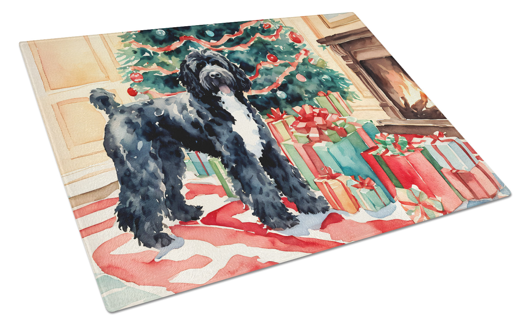 Buy this Portuguese Water Dog Cozy Christmas Glass Cutting Board