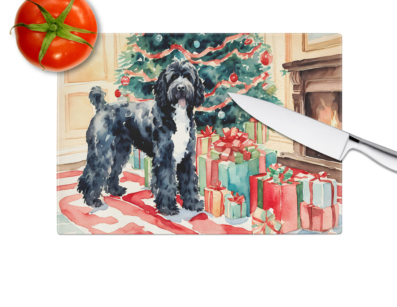 Portuguese Water Dog Cozy Christmas Glass Cutting Board