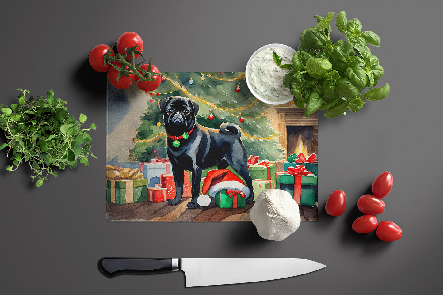 Pug Cozy Christmas Glass Cutting Board