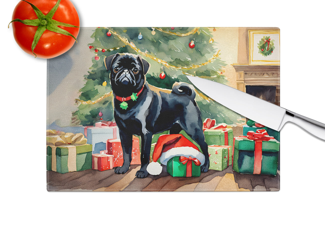 Pug Cozy Christmas Glass Cutting Board