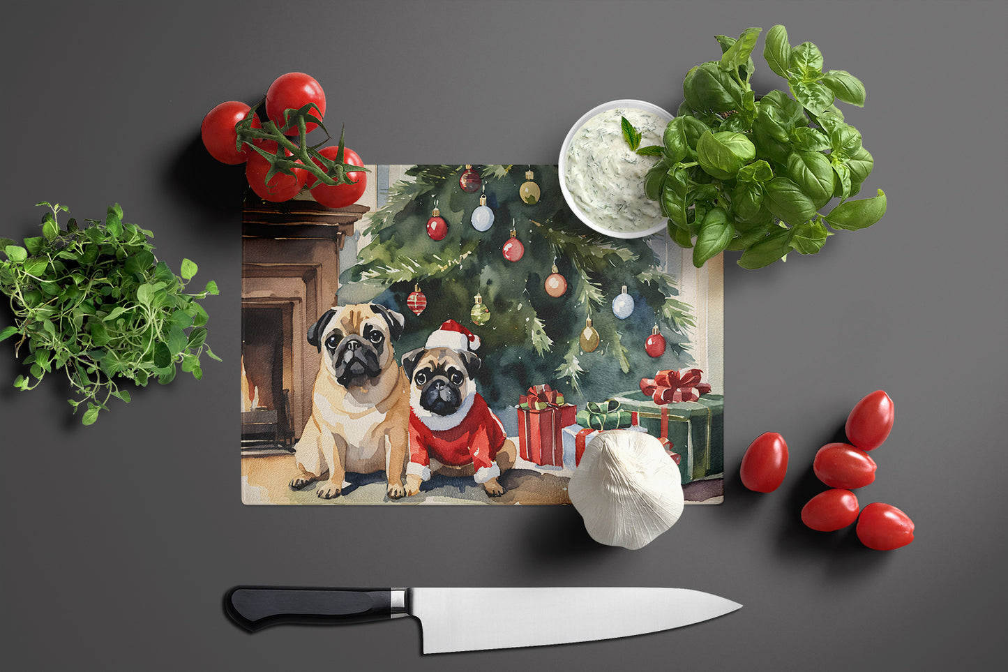 Pug Cozy Christmas Glass Cutting Board