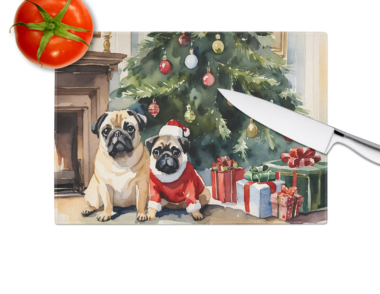 Pug Cozy Christmas Glass Cutting Board