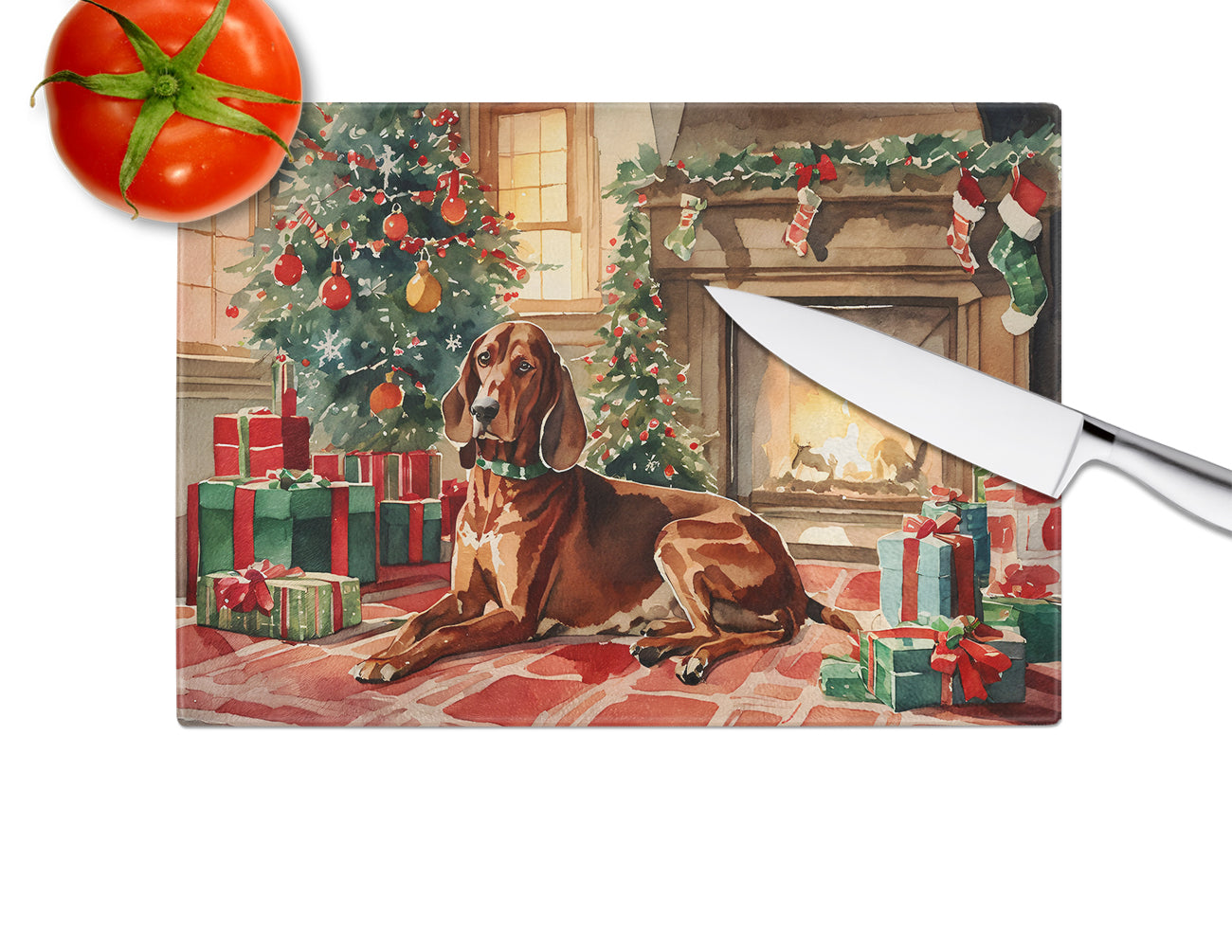 Redbone Coonhound Cozy Christmas Glass Cutting Board