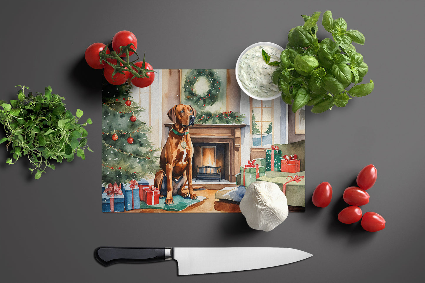 Rhodesian Ridgeback Cozy Christmas Glass Cutting Board