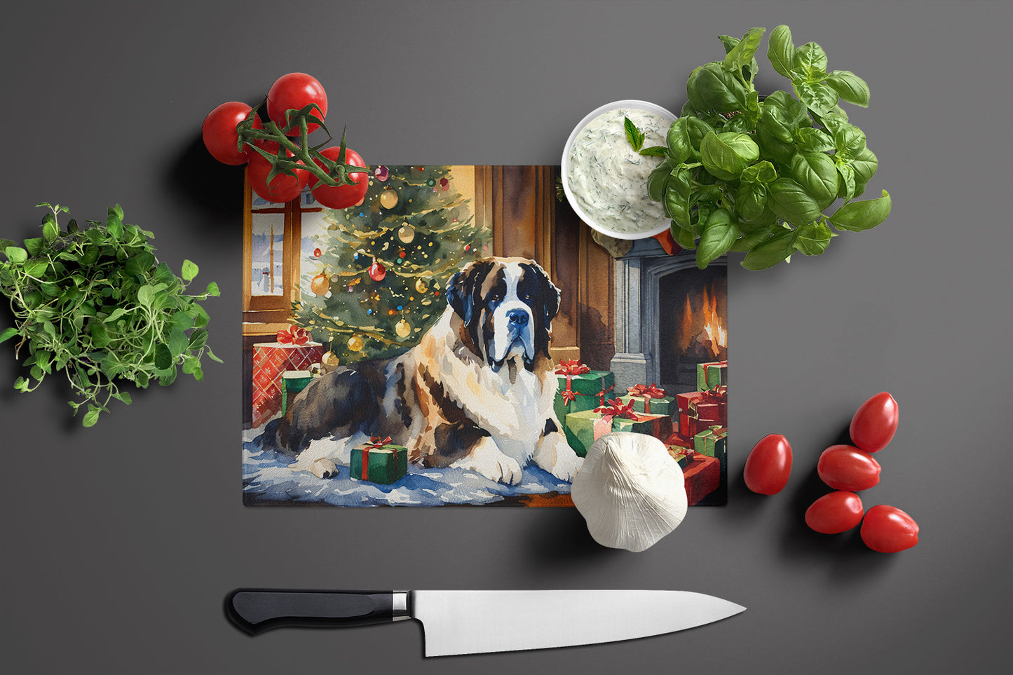 Saint Bernard Cozy Christmas Glass Cutting Board