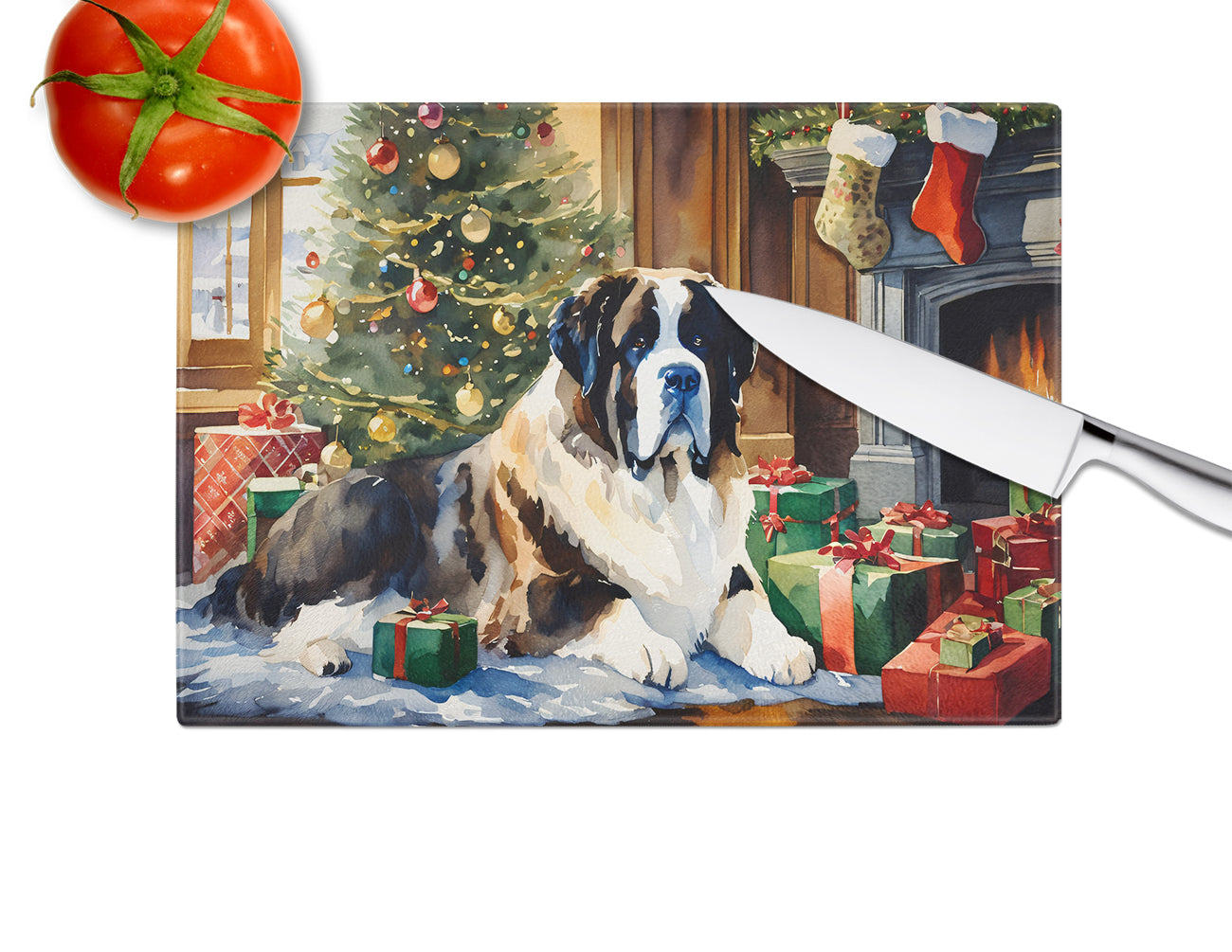 Saint Bernard Cozy Christmas Glass Cutting Board