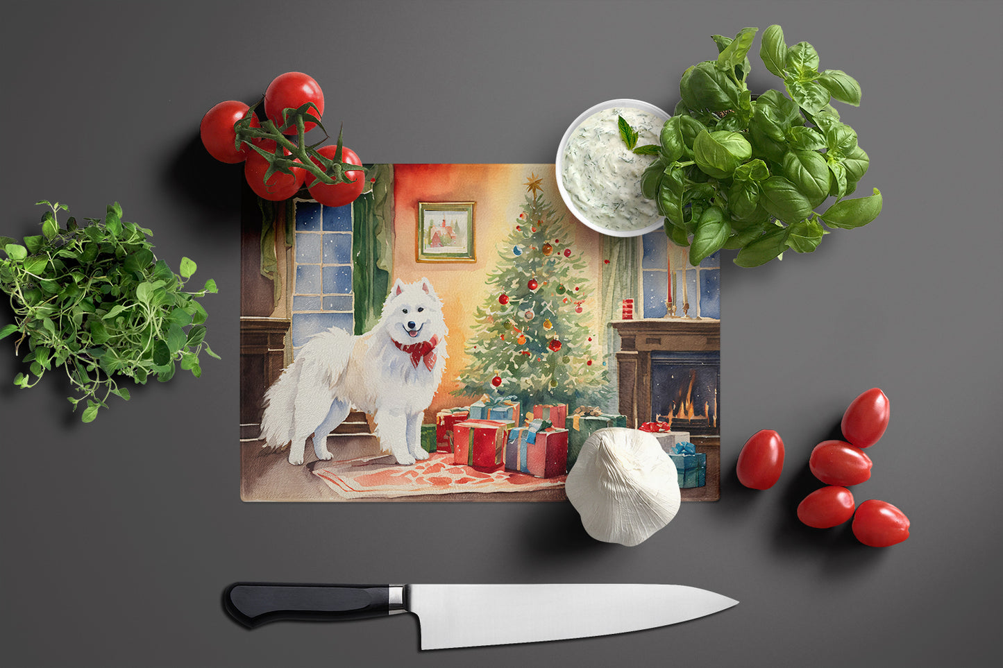 Samoyed Cozy Christmas Glass Cutting Board