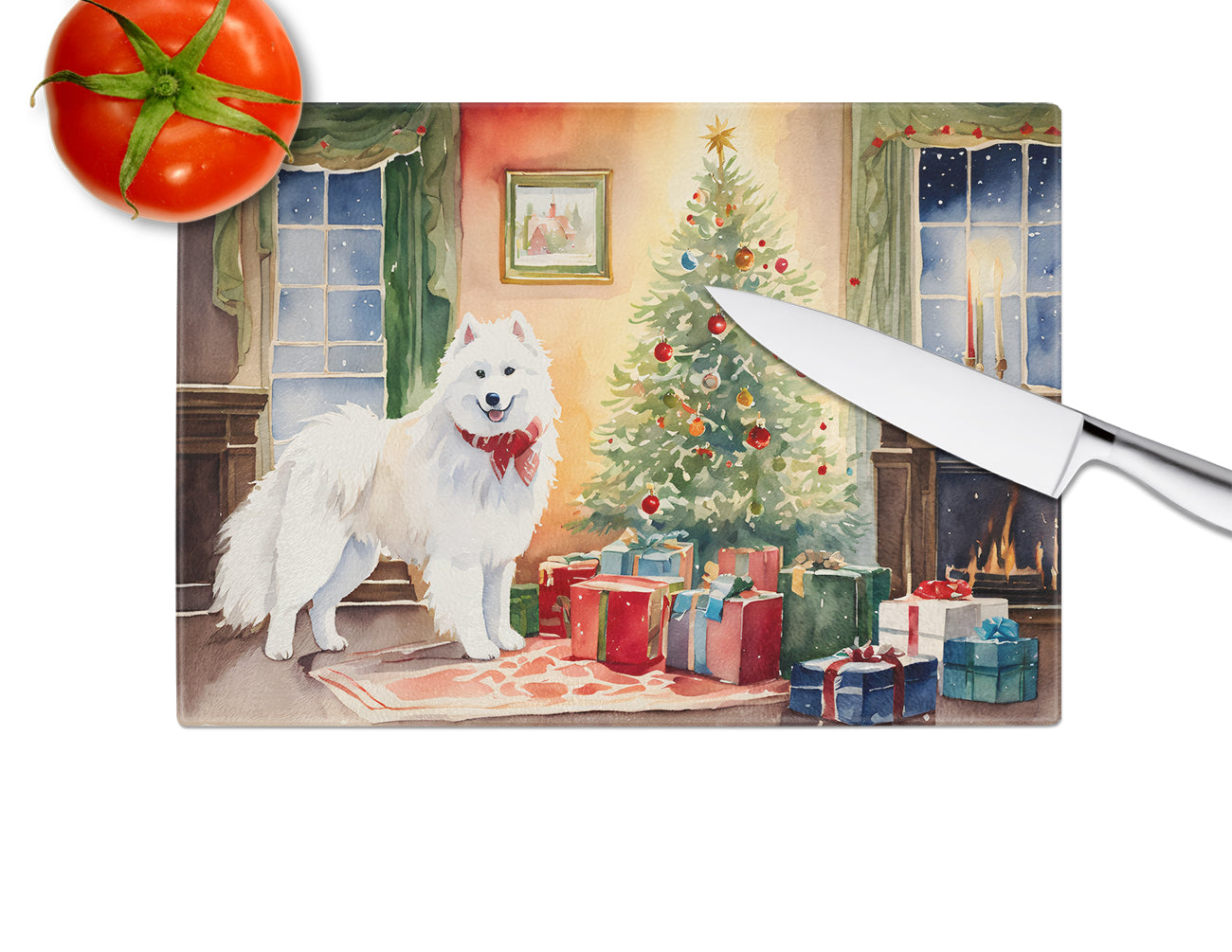 Samoyed Cozy Christmas Glass Cutting Board