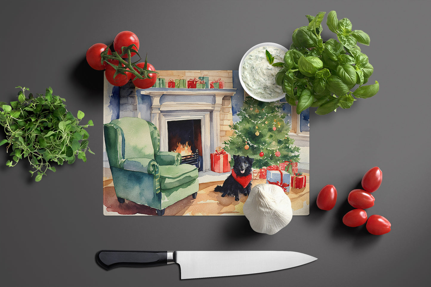 Schipperke Cozy Christmas Glass Cutting Board