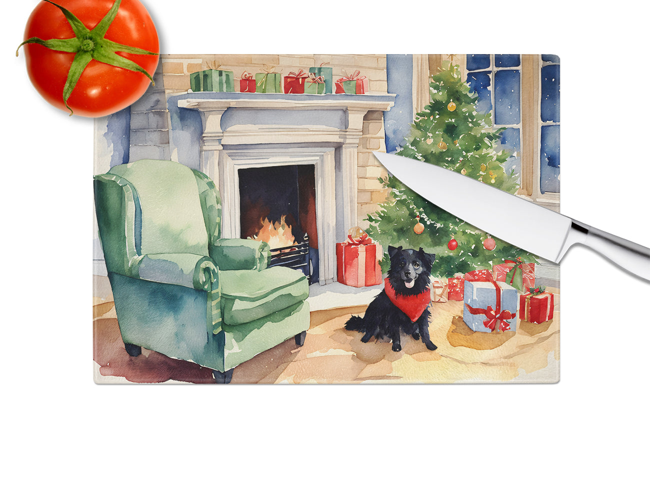 Schipperke Cozy Christmas Glass Cutting Board