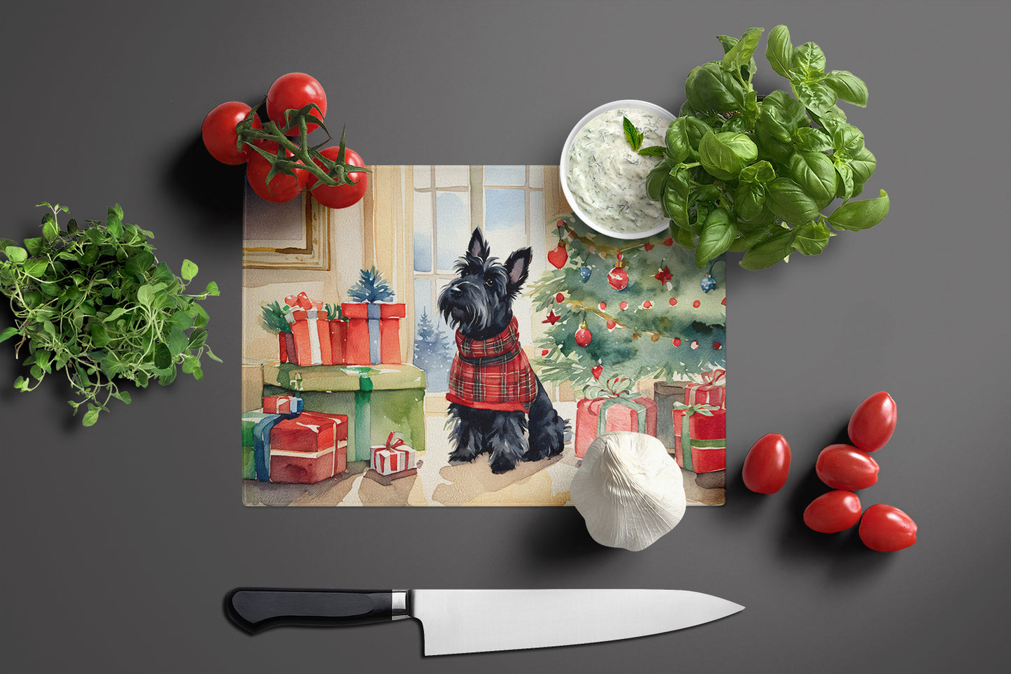 Scottish Terrier Cozy Christmas Glass Cutting Board