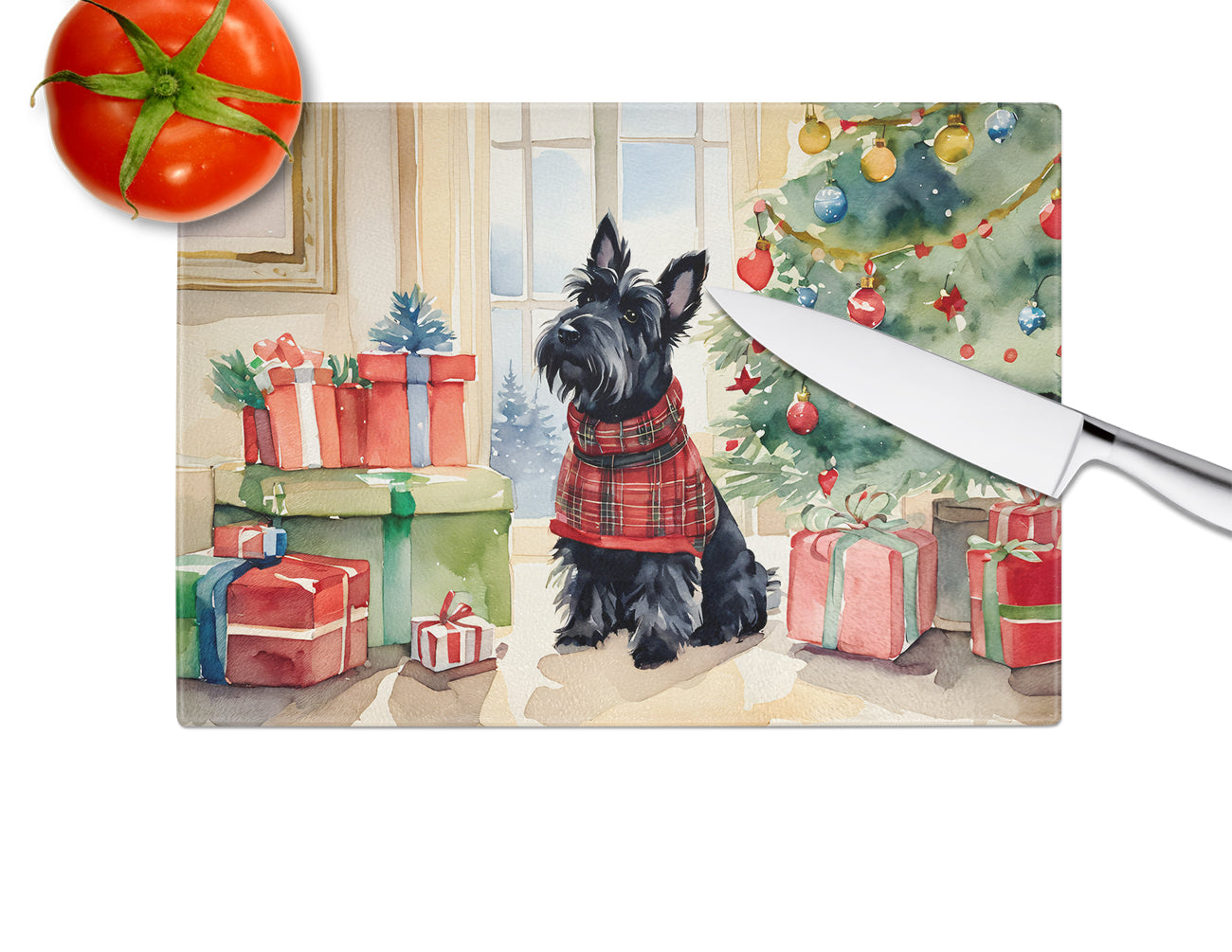 Scottish Terrier Cozy Christmas Glass Cutting Board