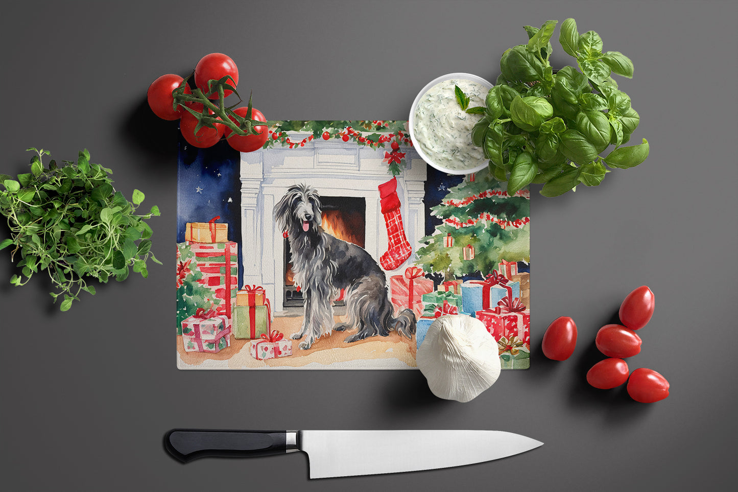 Scottish Deerhound Cozy Christmas Glass Cutting Board