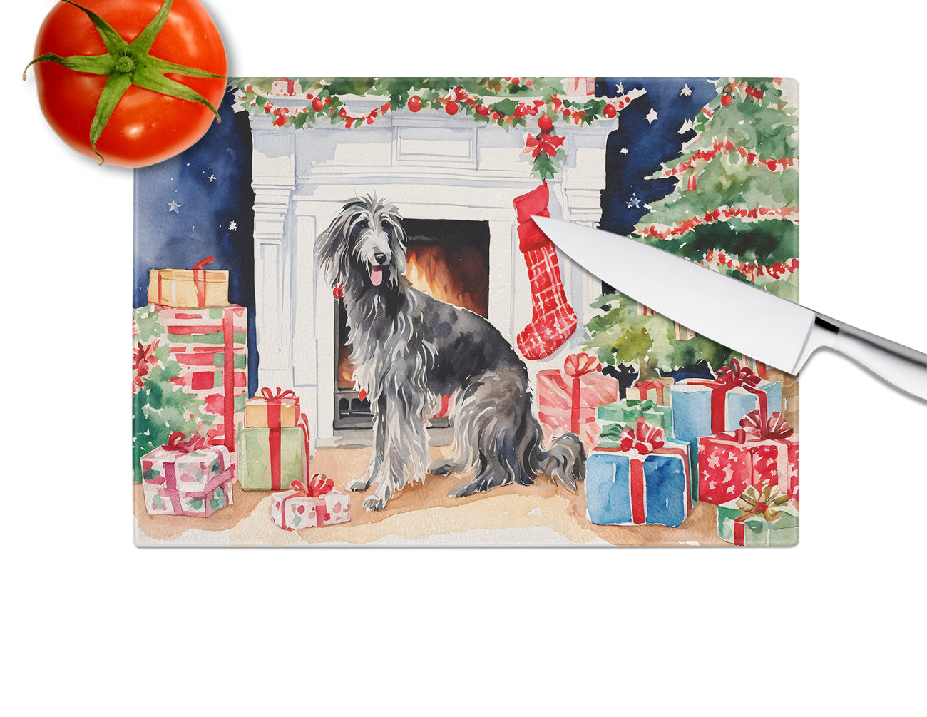 Scottish Deerhound Cozy Christmas Glass Cutting Board