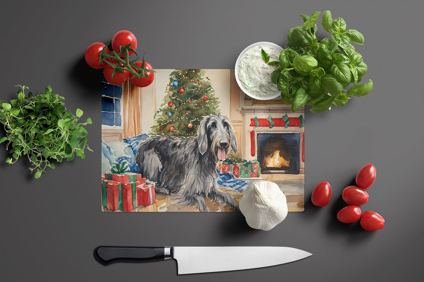 Scottish Deerhound Cozy Christmas Glass Cutting Board