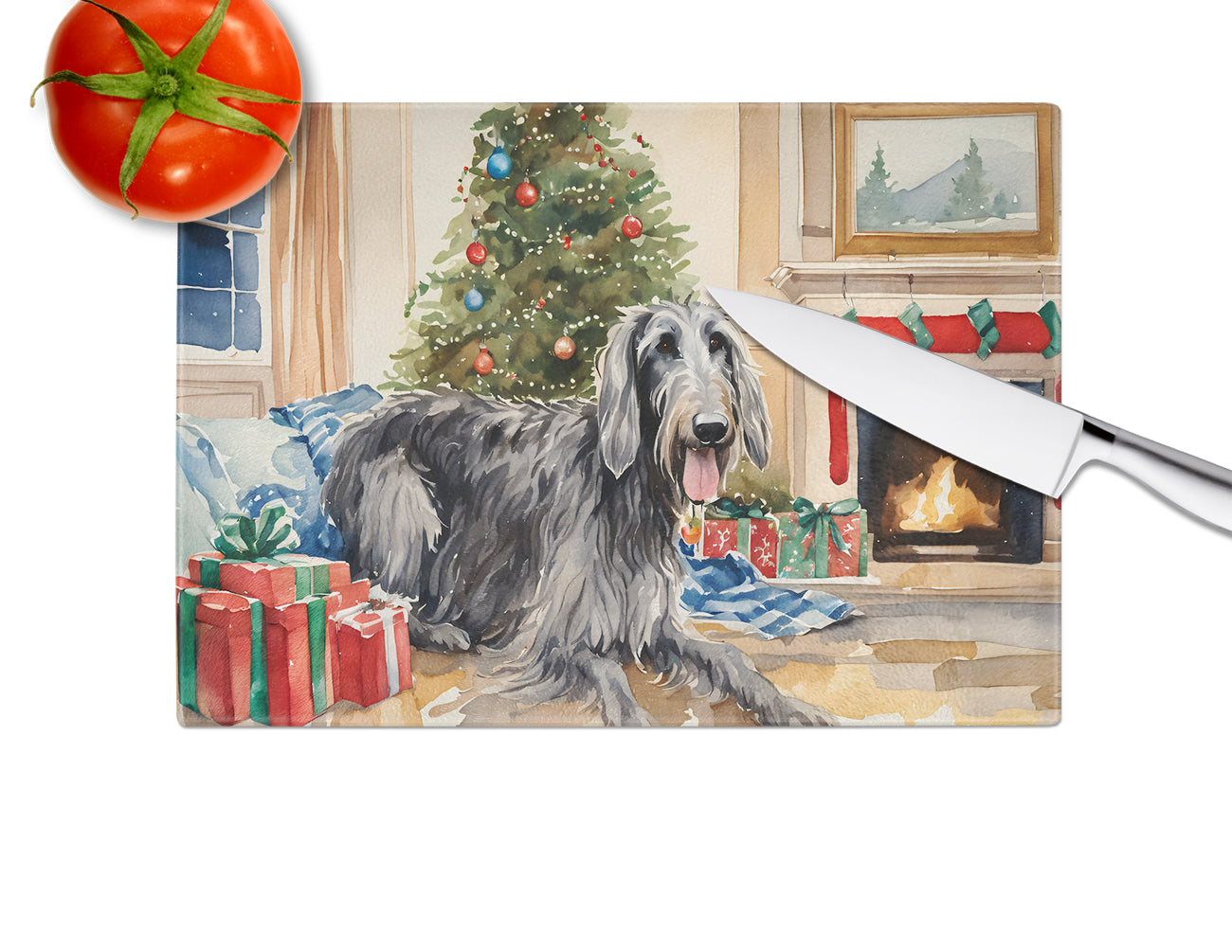 Scottish Deerhound Cozy Christmas Glass Cutting Board