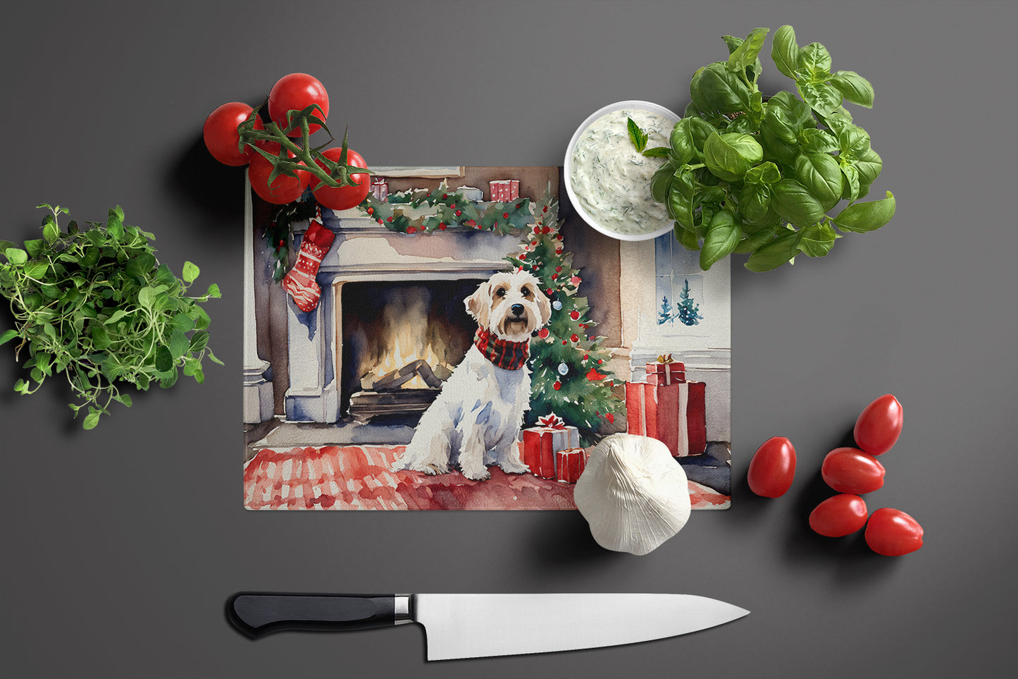 Sealyham Terrier Cozy Christmas Glass Cutting Board