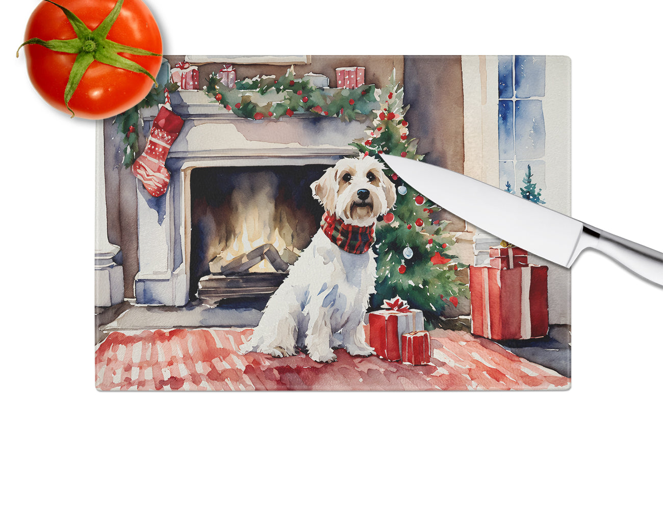 Sealyham Terrier Cozy Christmas Glass Cutting Board