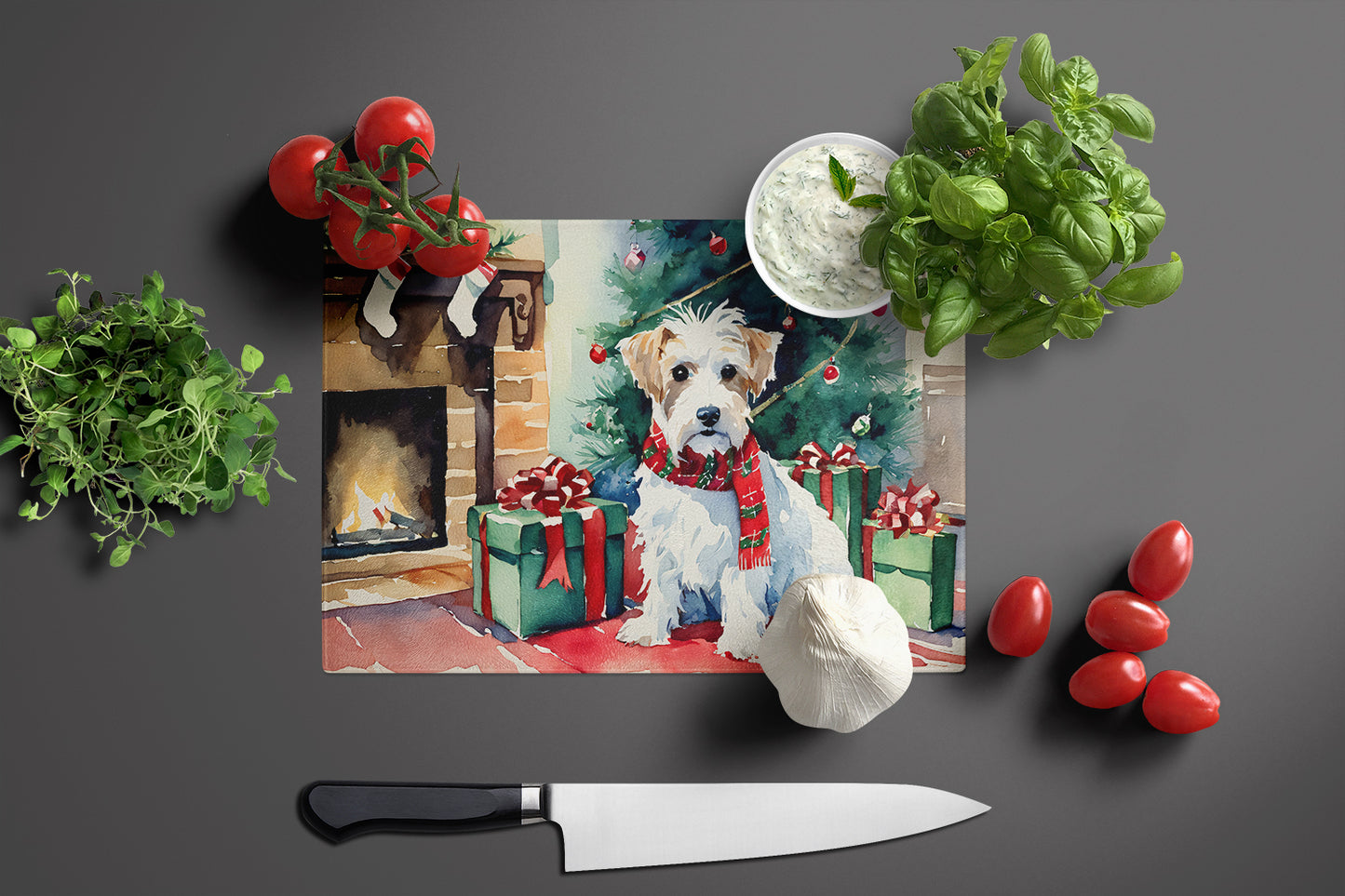 Sealyham Terrier Cozy Christmas Glass Cutting Board