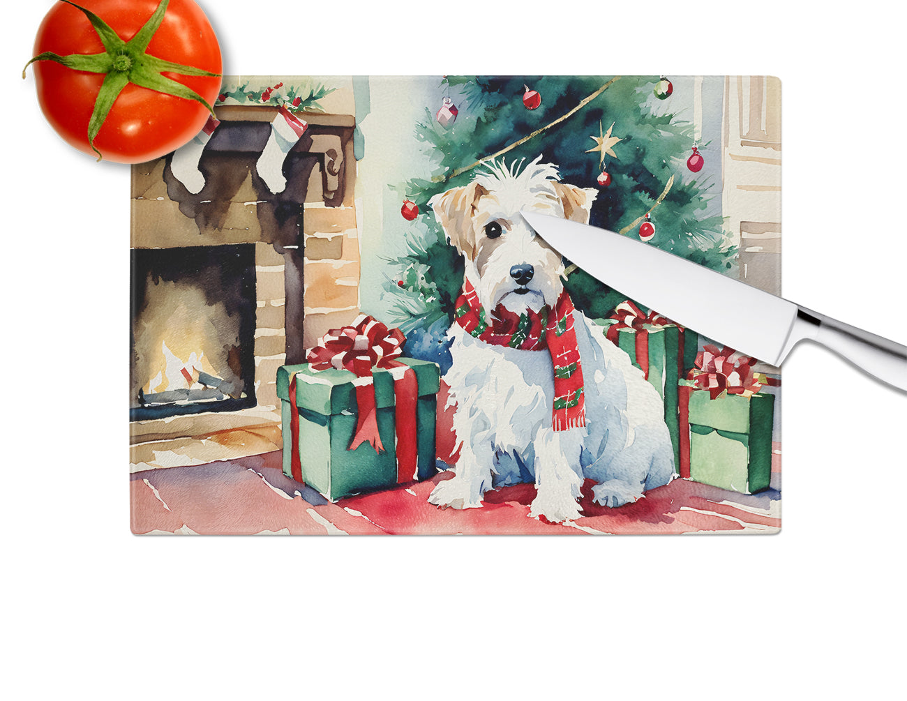 Sealyham Terrier Cozy Christmas Glass Cutting Board