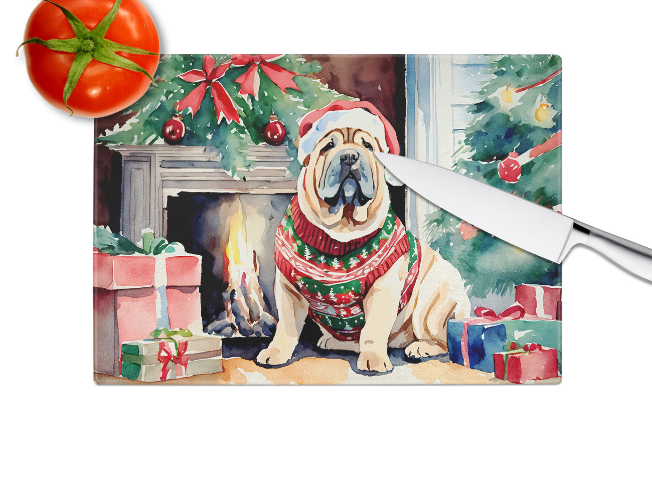 Shar Pei Cozy Christmas Glass Cutting Board