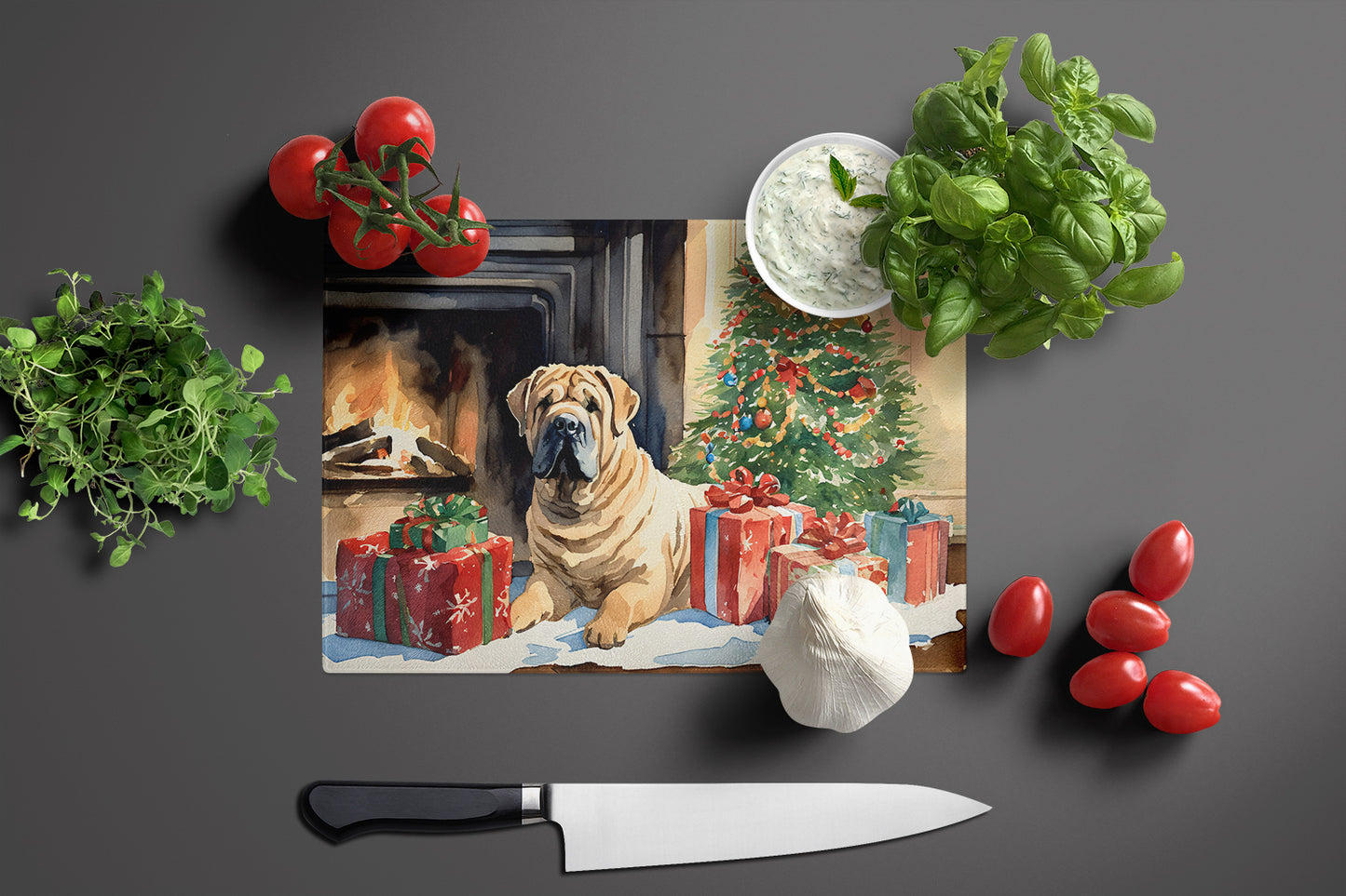 Shar Pei Cozy Christmas Glass Cutting Board