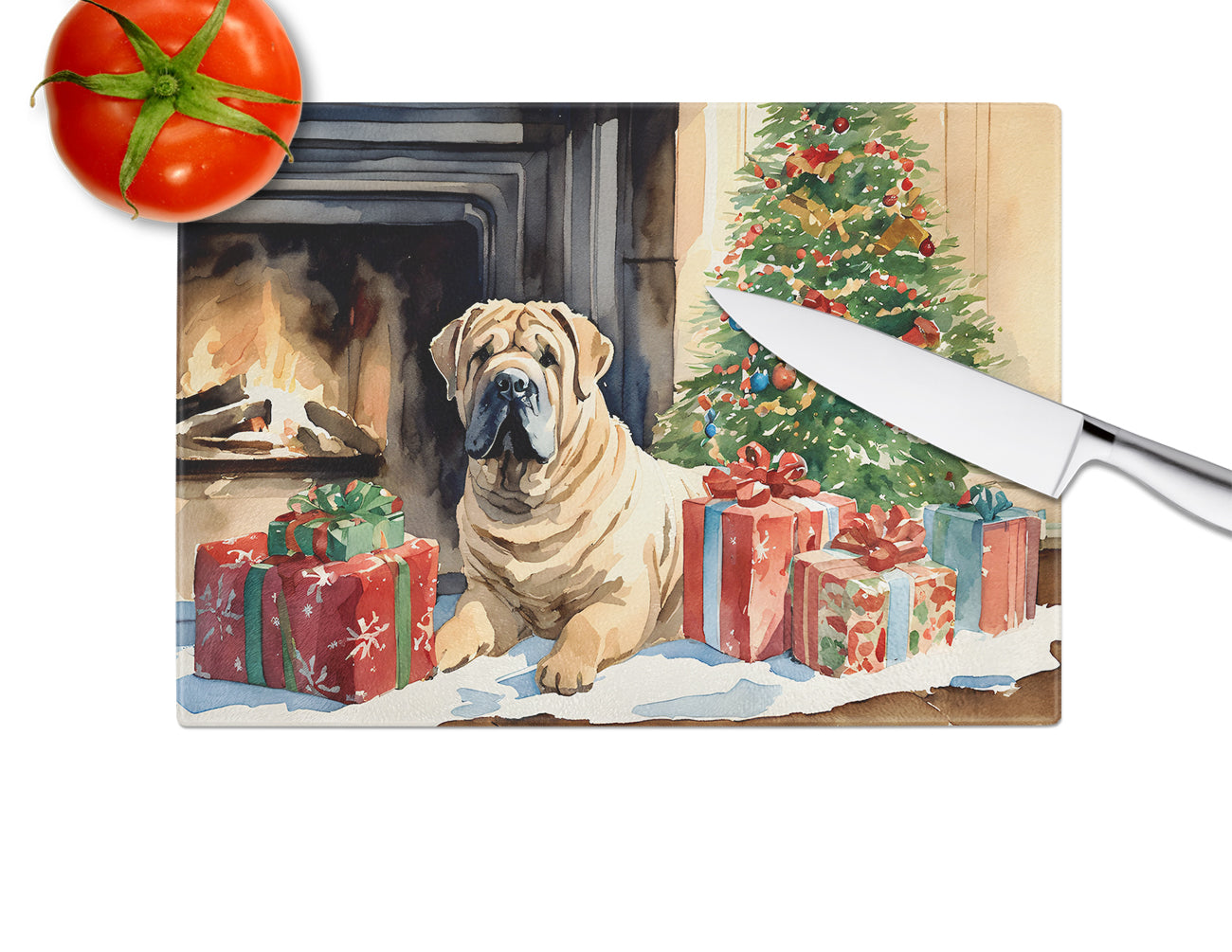 Shar Pei Cozy Christmas Glass Cutting Board