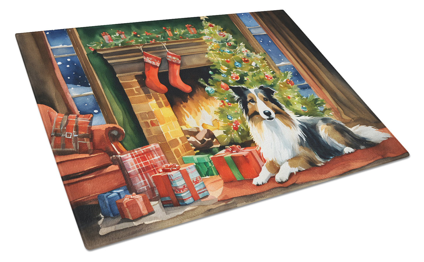 Buy this Sheltie Cozy Christmas Glass Cutting Board