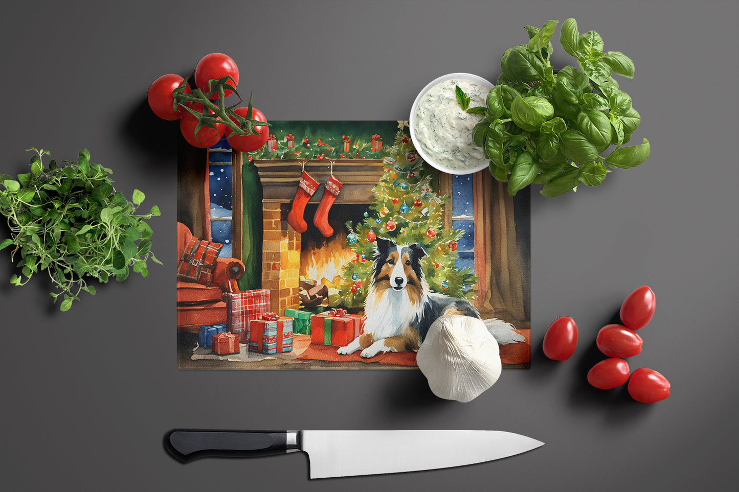 Sheltie Cozy Christmas Glass Cutting Board