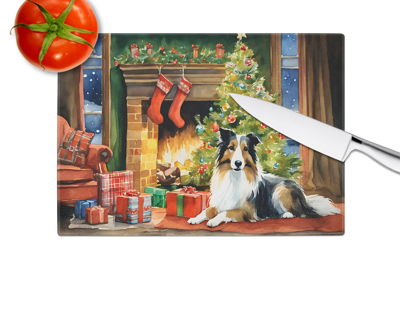 Sheltie Cozy Christmas Glass Cutting Board