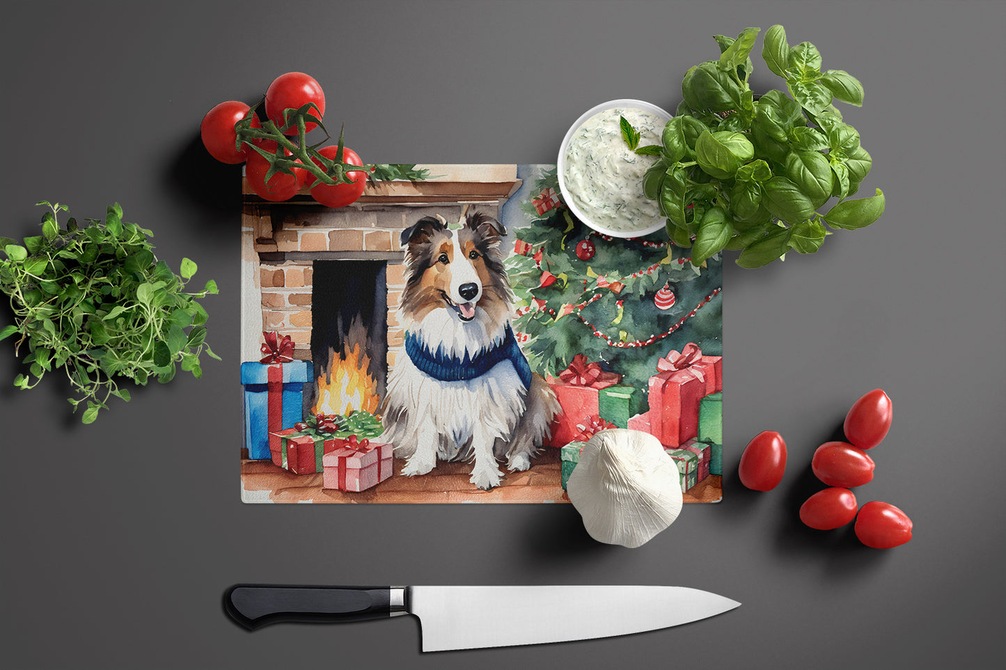 Sheltie Cozy Christmas Glass Cutting Board