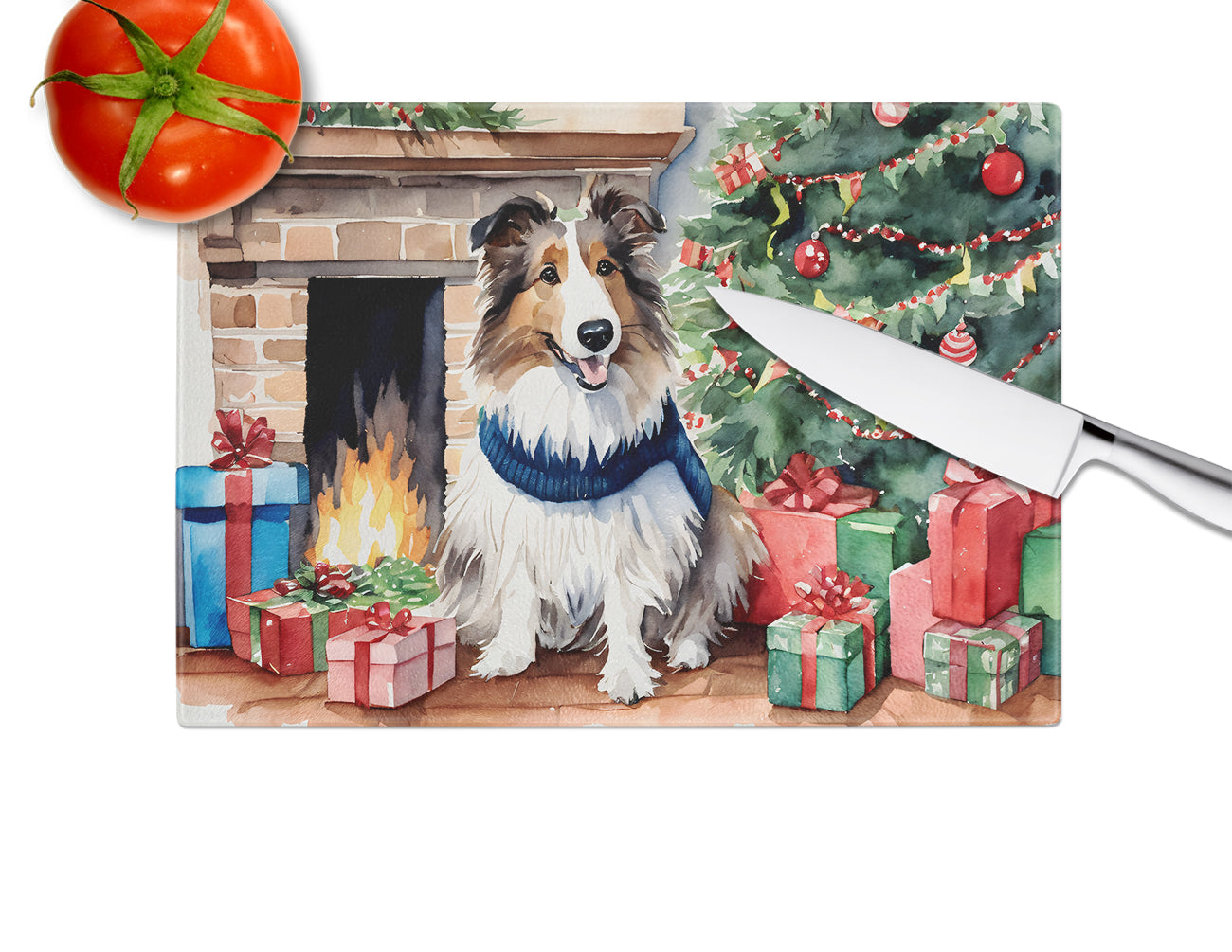 Sheltie Cozy Christmas Glass Cutting Board