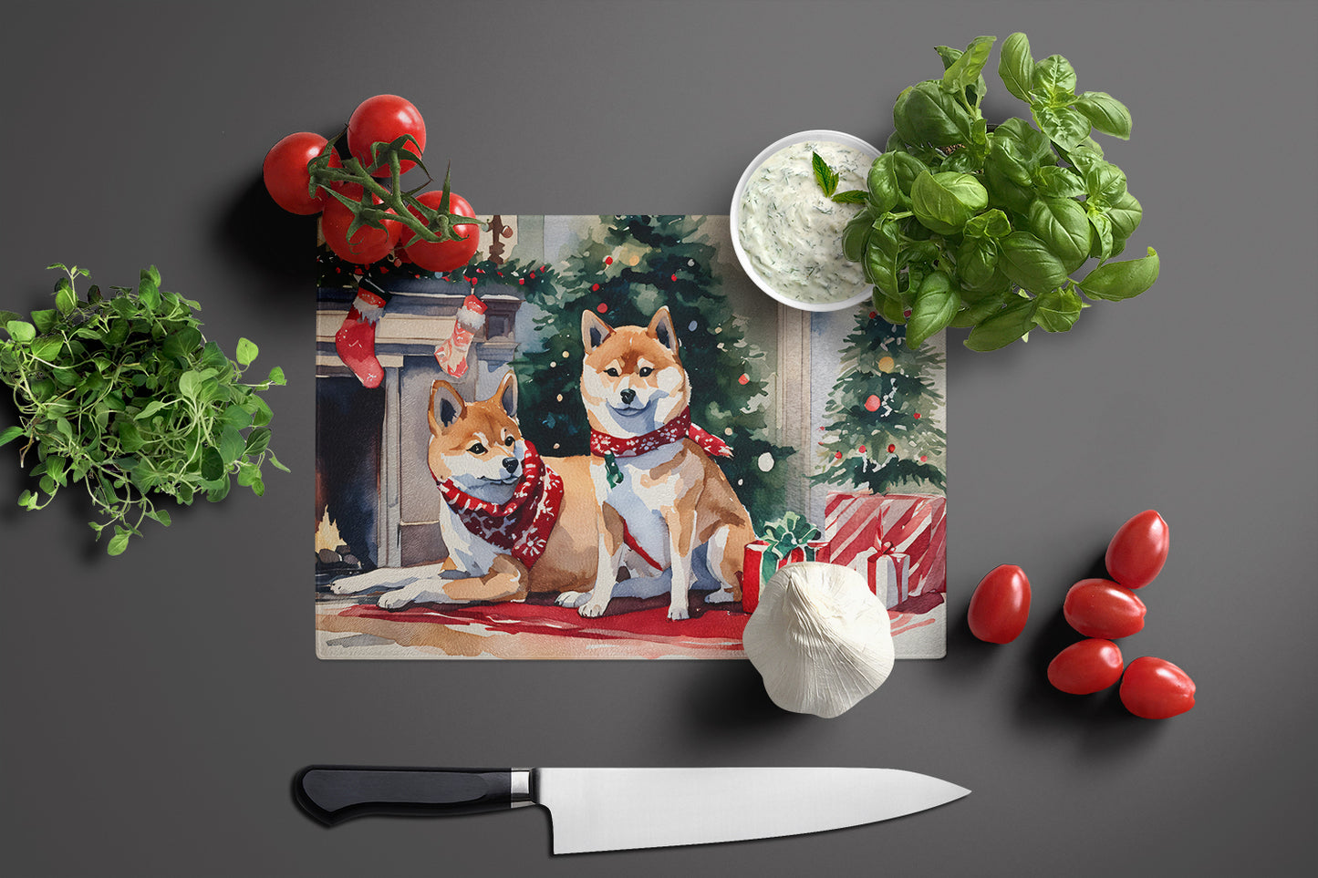 Shiba Inu Cozy Christmas Glass Cutting Board