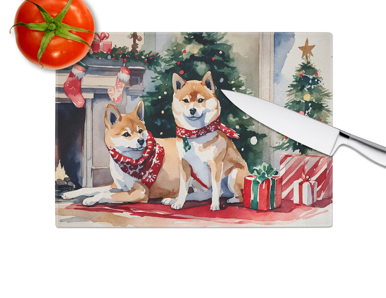 Shiba Inu Cozy Christmas Glass Cutting Board