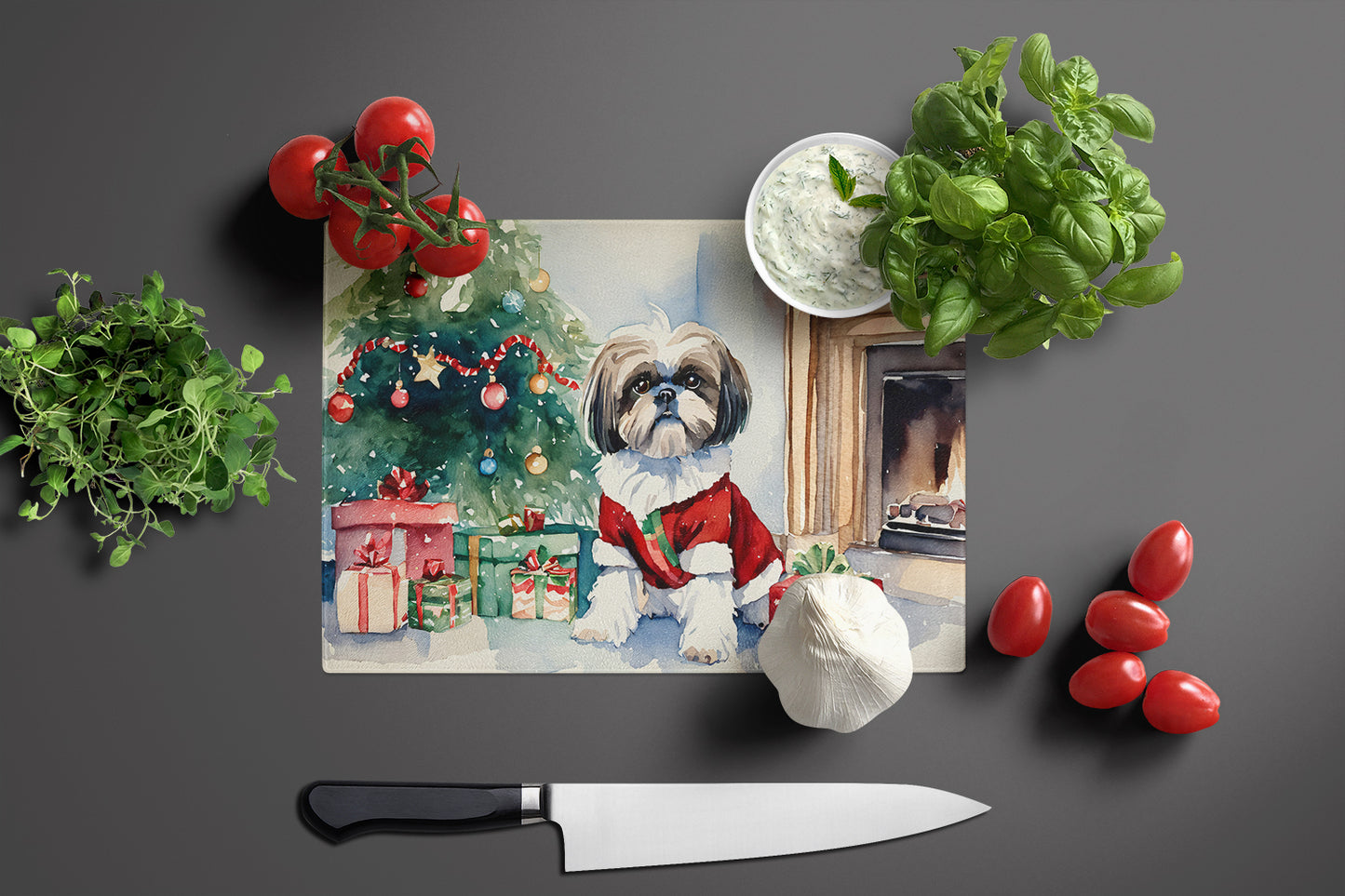 Shih Tzu Cozy Christmas Glass Cutting Board