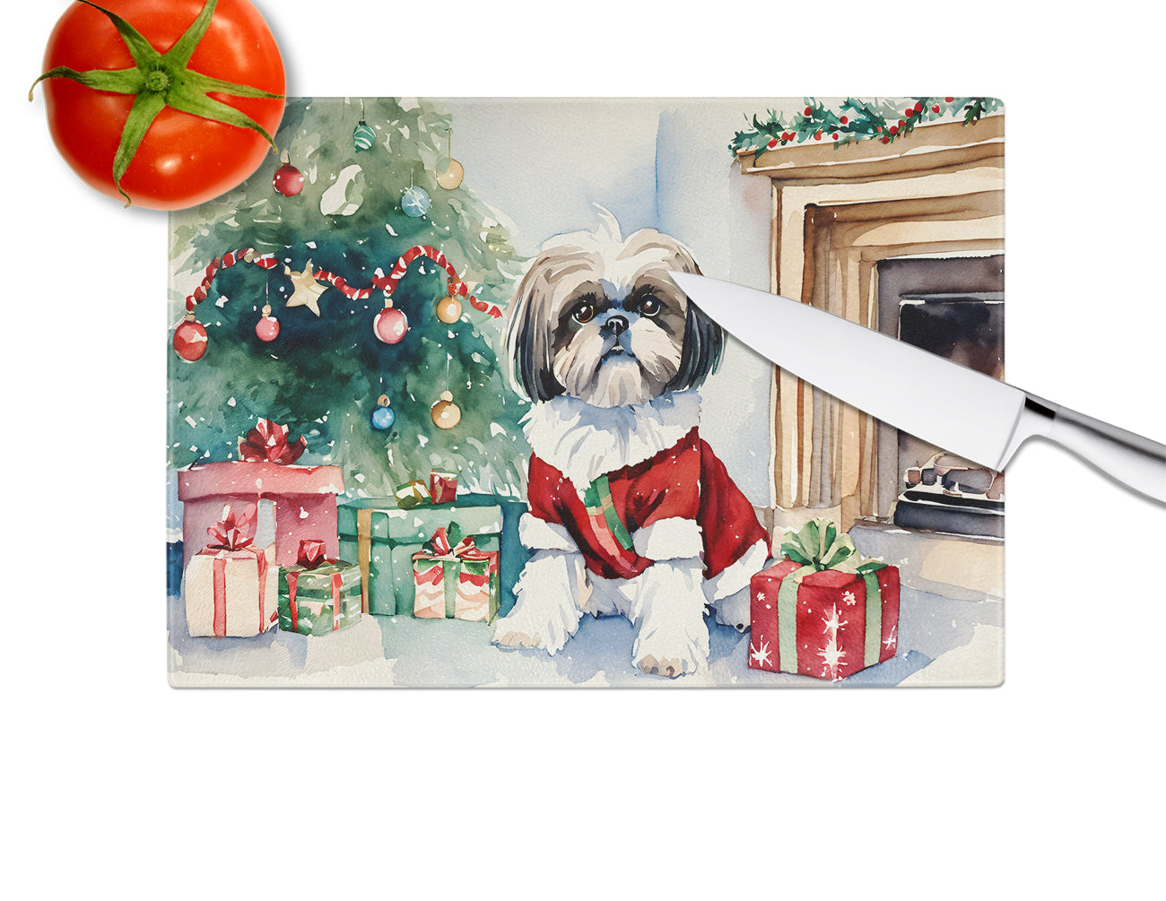 Shih Tzu Cozy Christmas Glass Cutting Board