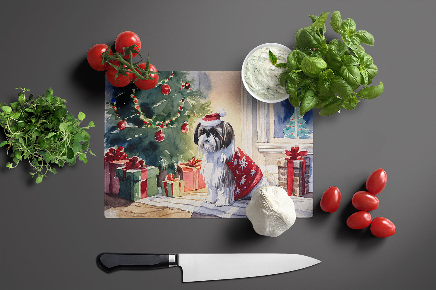 Shih Tzu Cozy Christmas Glass Cutting Board