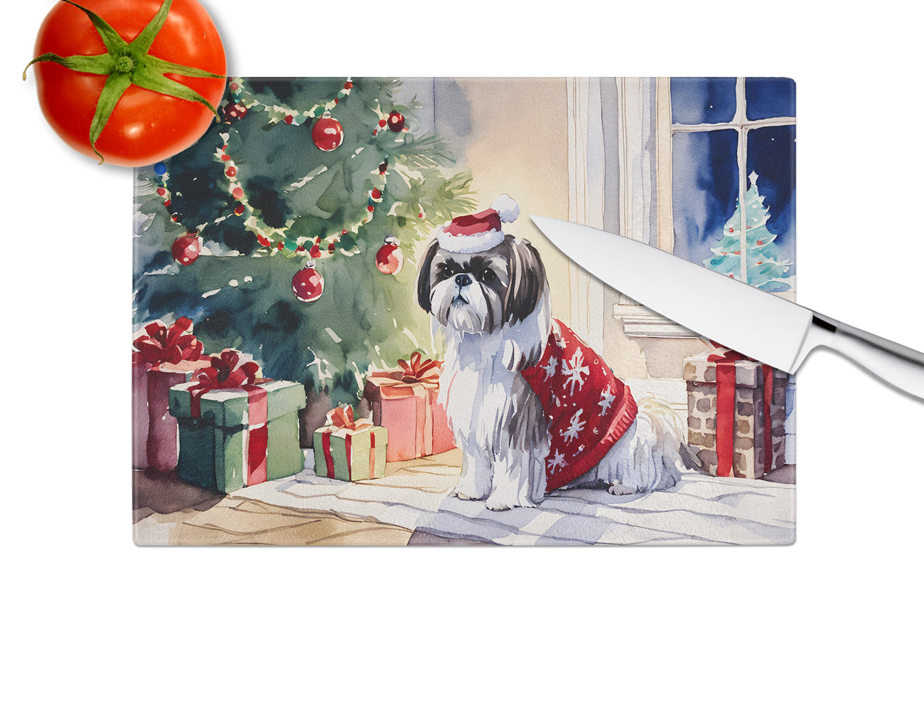 Shih Tzu Cozy Christmas Glass Cutting Board