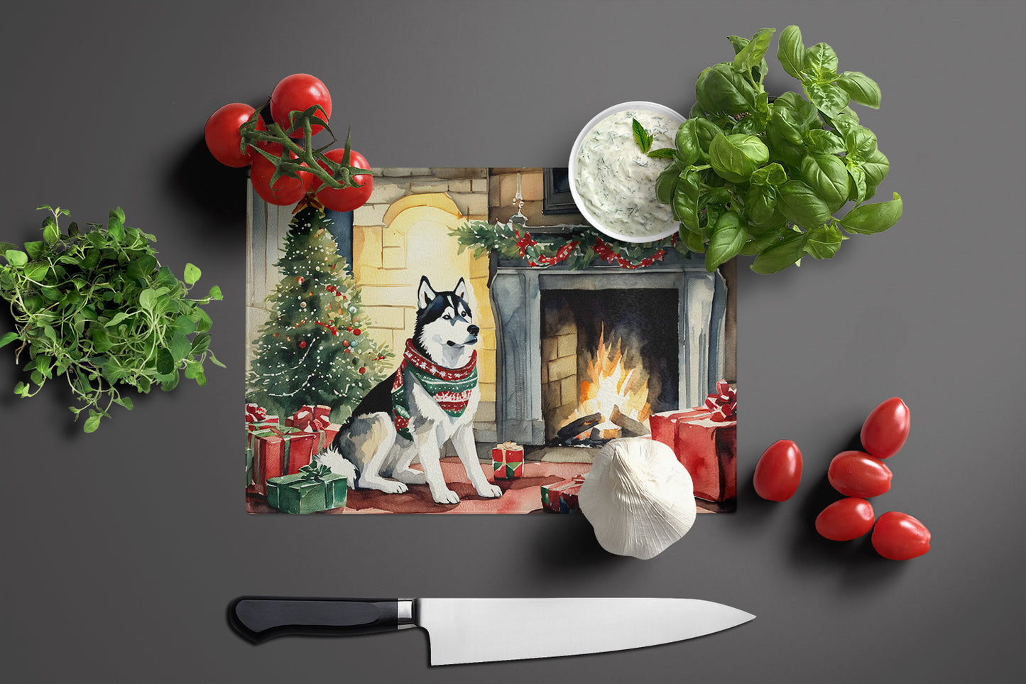 Siberian Husky Cozy Christmas Glass Cutting Board