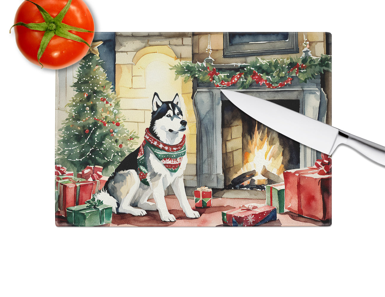 Siberian Husky Cozy Christmas Glass Cutting Board