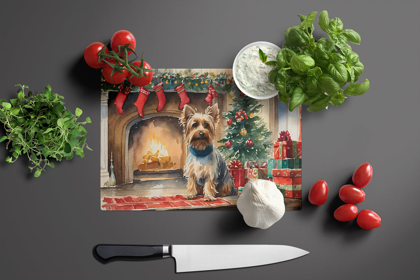 Silky Terrier Cozy Christmas Glass Cutting Board